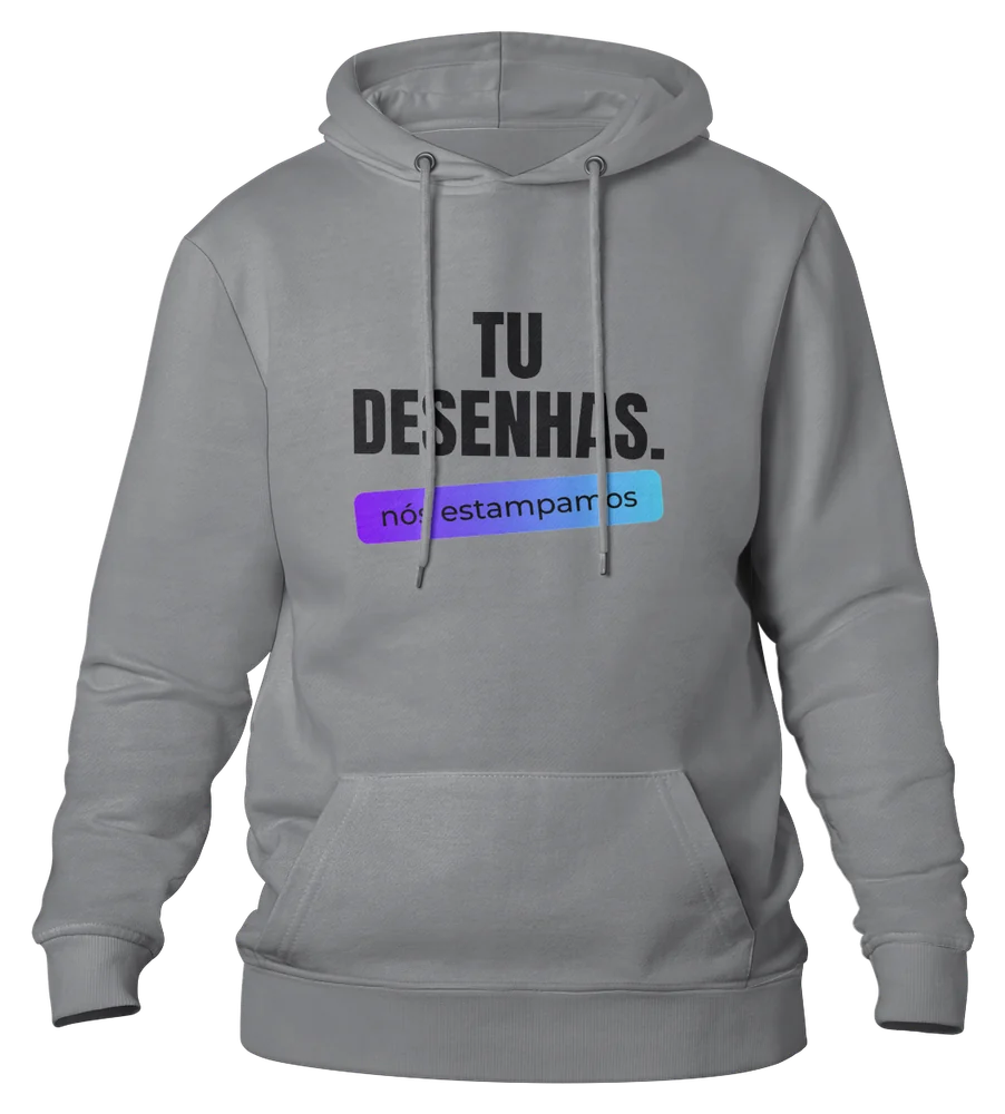 Hoodie cinzento estampado com «Tu desenhas. Nós estampamos.»